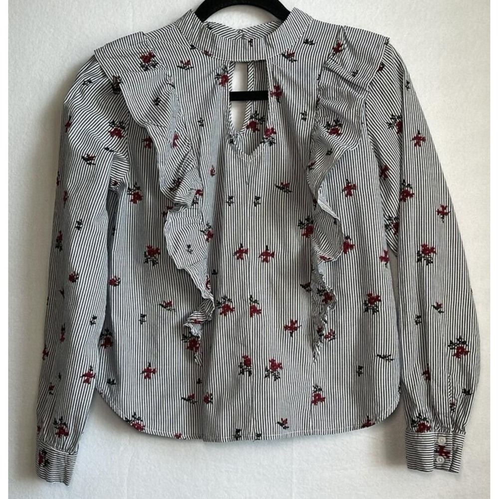 Mossimo Supply Co Shirt Women XS Black‎ Stripe Floral Long Sleeve Round Neck